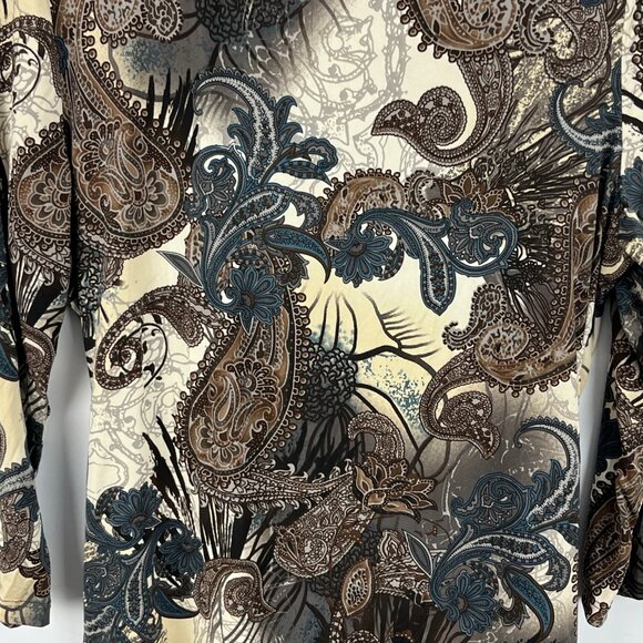 Conrad C Top Blouse Size L Brown Beige Paisley 3/4 Sleeve Round Neck Stretch - Picture 8 of 9